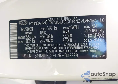 2024 Hyundai Santa Fe Sel z USA, uszkodzony, nr VIN 5NMP2DGL2RH002278